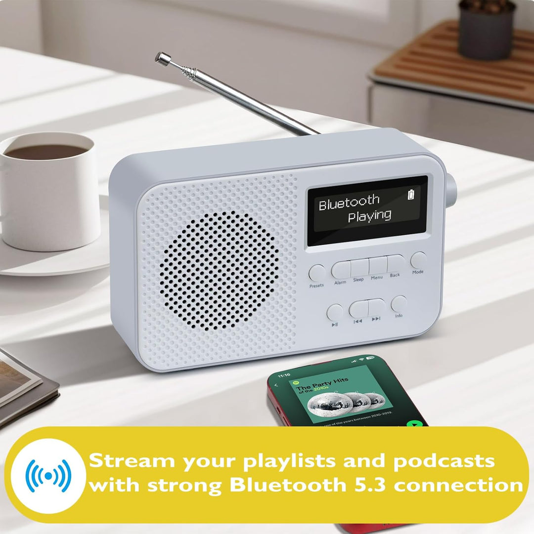 DAB-Radio mit Bluetooth I Kleines wiederaufladbares Digitalradio I 15 Stunden Wiedergabe I Radioweck