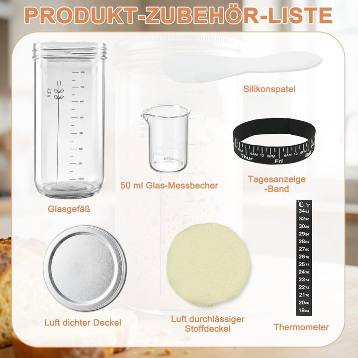Sauerteig Starter Set aus Glas 1000ml - Anstellgut Glas Behälter mit Spatel Fermentierglas Cloth Cov