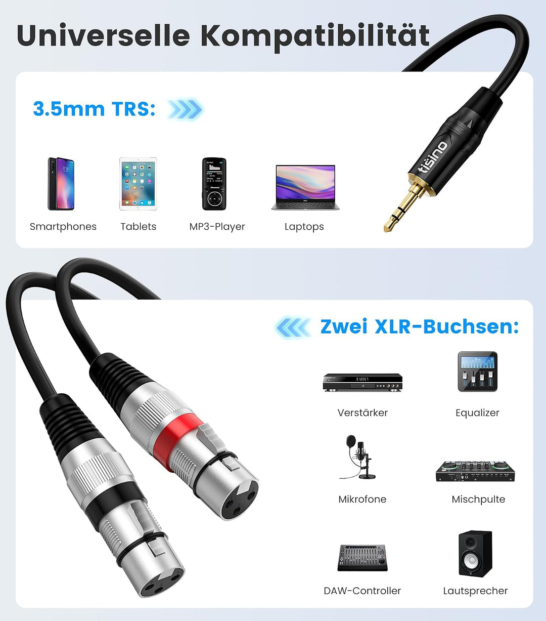 TISINO Dual XLR Buchse auf 3,5 mm Stereo-Mikrofonkabel, unsymmetrische Doppel XLR auf 3,5 mm Aux Min