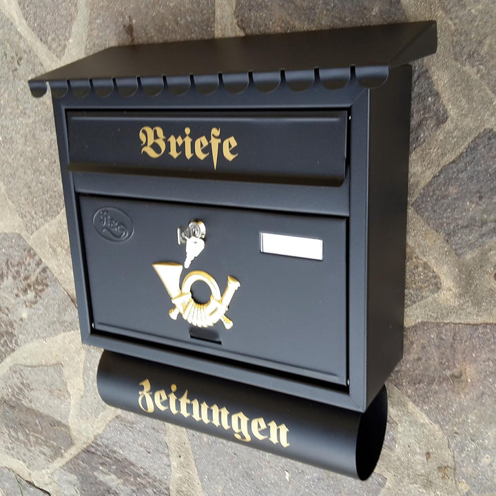 Grosser Briefkasten/Postkasten XXL Schwarz matt mit Zeitungsrolle Flachdach Katalogeinwurf Zeitungsf