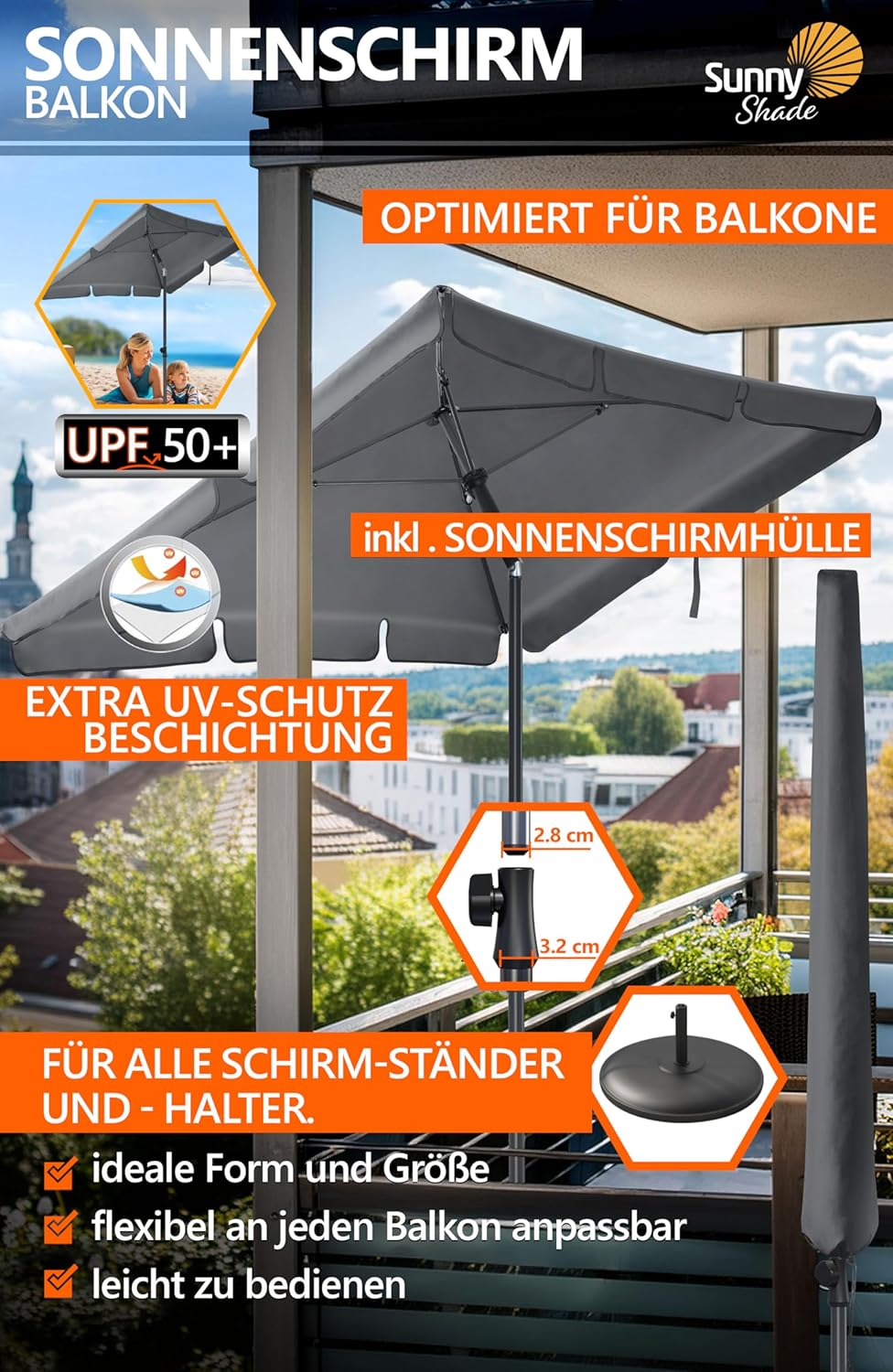 4smile Sonnenschirm Balkon SunnyShade, 200 x 125 cm, Anthrazit - UPF 50+ Sonnenschirm rechteckig als