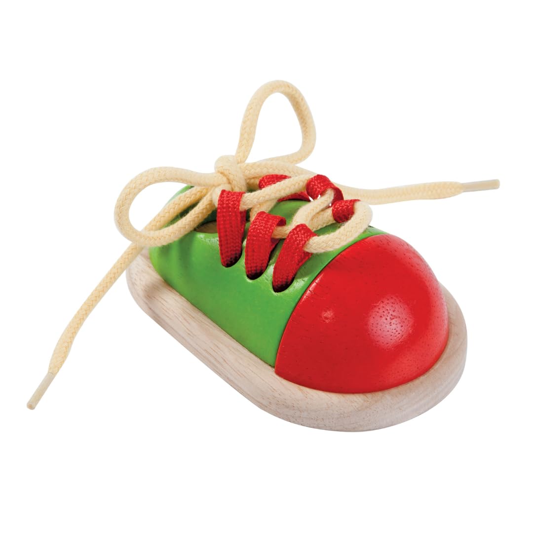 PlanToys Schnürschuh aus Holz für Kinder - Schnürsenkel Binden Lernen Kinder - Holzspielzeug zum Sch