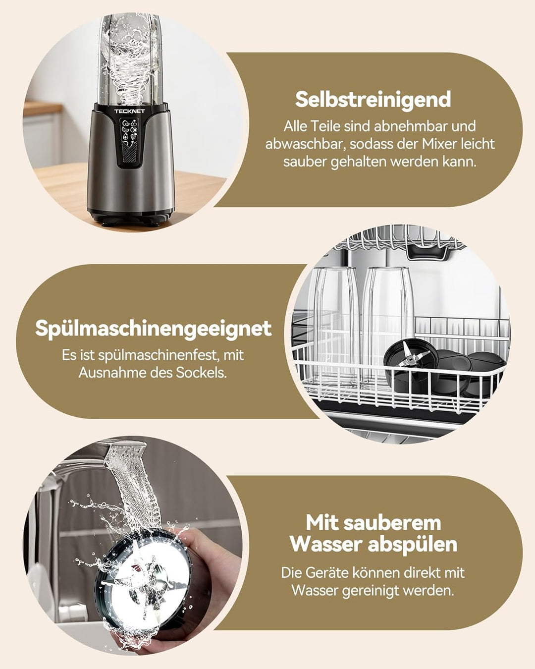 TECKNET 1000W Smoothie Maker, Standmixer mit 2 BPA-freie 600ml Tragbare Becher, Klein mit Kreuzkling