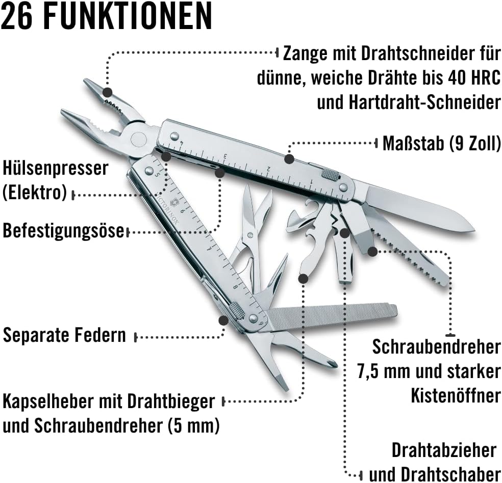 Victorinox Multifunktionstool, SwissTool, Multitool Messer, 26 Funktionen, Kombi-Spitzzange, Festste