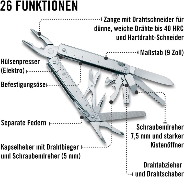 Victorinox Multifunktionstool, SwissTool, Multitool Messer, 26 Funktionen, Kombi-Spitzzange, Festste