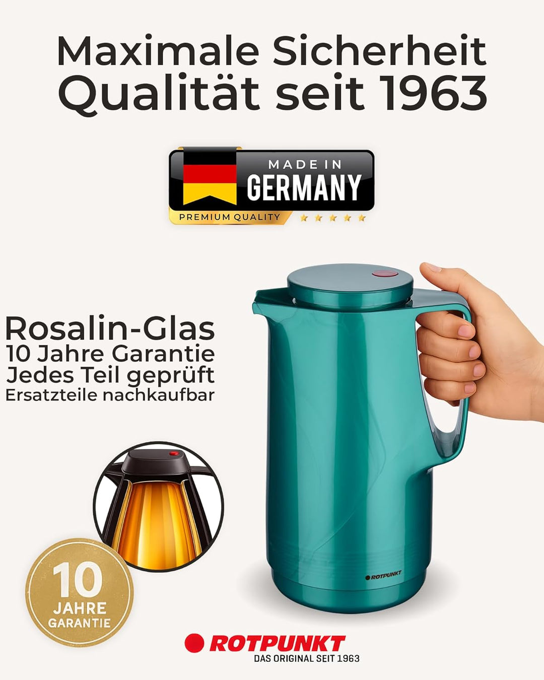 ROTPUNKT Isolierkanne 1L - Premium Kaffekanne Made in Germany I Hält bis zu 24 Std heiss I Warmhalte
