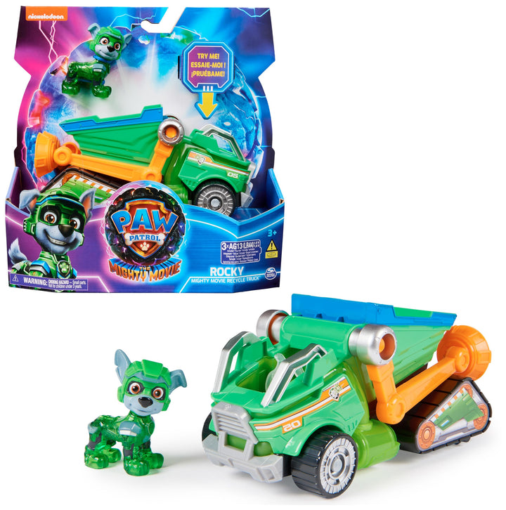 Spin Master PAW Patrol: Der Mighty Kinofilm, Superhelden-Basis-Fahrzeug von Rocky mit Welpenfigur, M