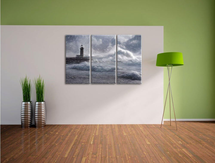 Pixxprint Sturmwellen Leuchtturm Portugal Kunst Buntstift Effekt 3-Teiler Leinwandbild 120x80 Bild a