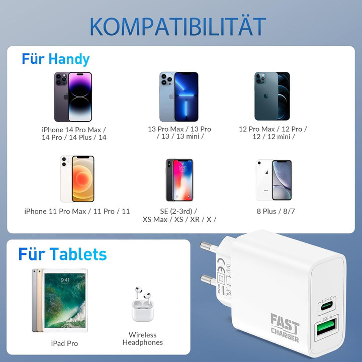 30W 2-Port Schnellladegerät Ladekabel für iPhone 14 13 12 11 Pro Max Plus Mini, iPhone XS XR X SE 8