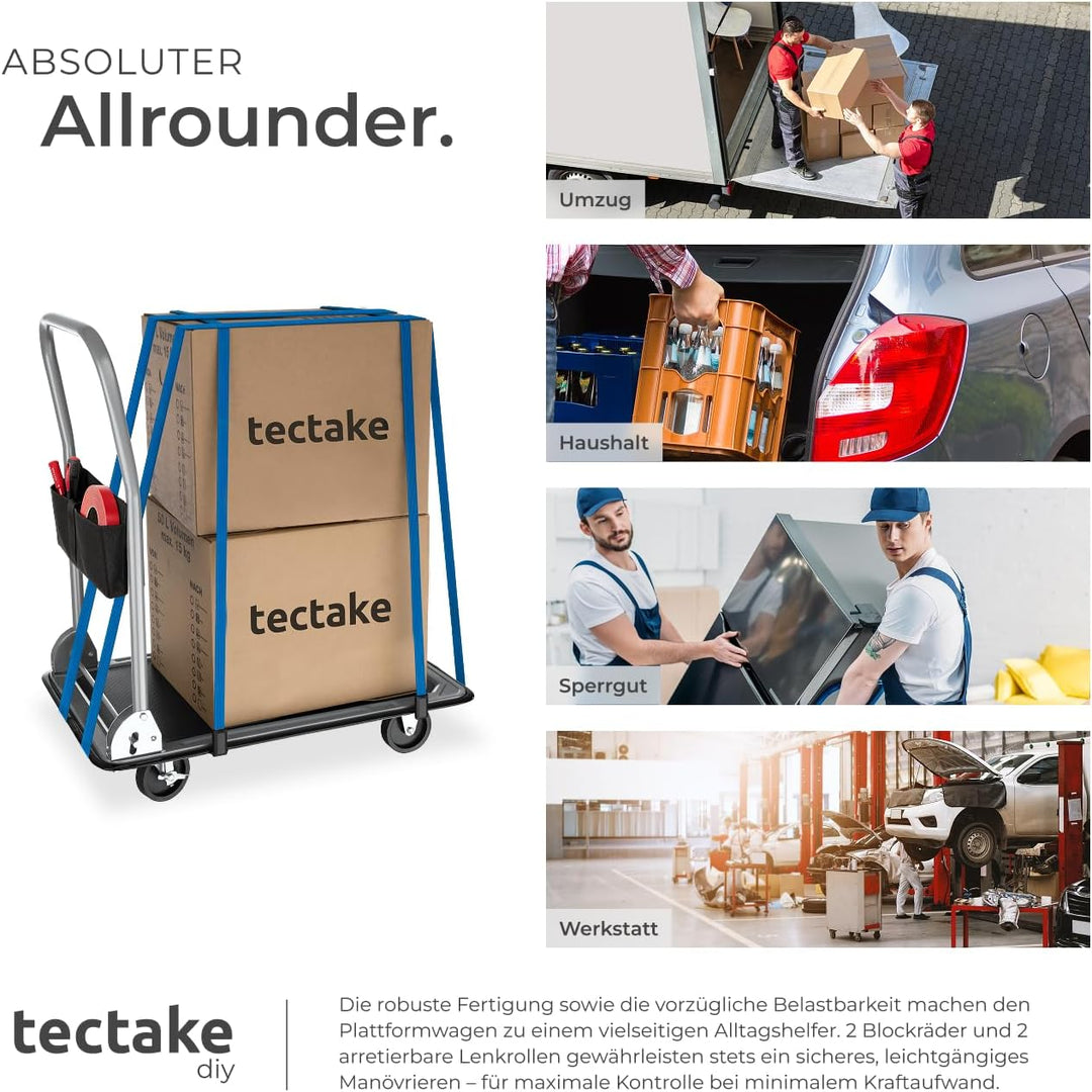 tectake® Plattformwagen 150 kg, Transportwagen klappbar, Transportroller mit Staufach, 2 Blockrollen
