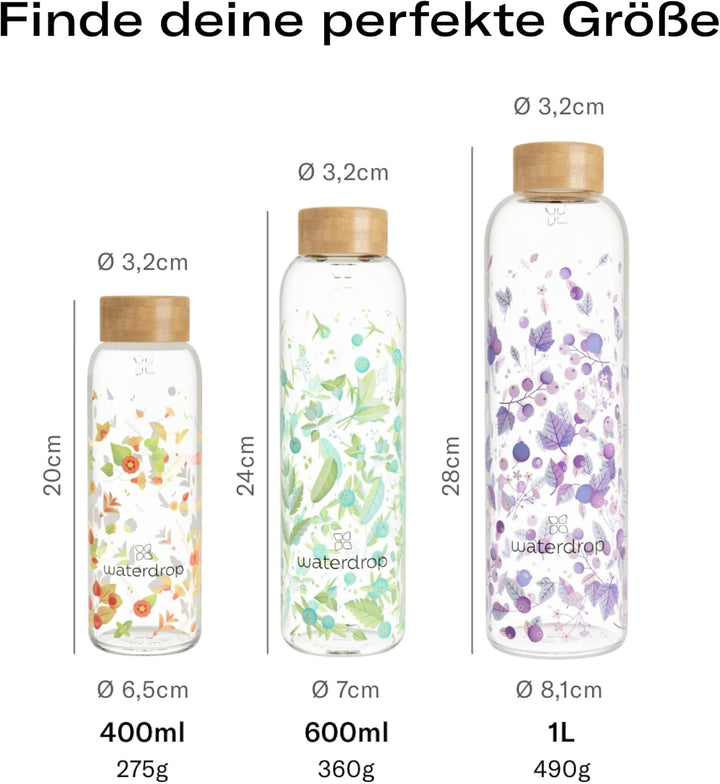 Waterdrop® Edition Glass Bottle 1l Trinkflasche Glas auslaufsicher, Kohlensäure geeignet | BPA freie