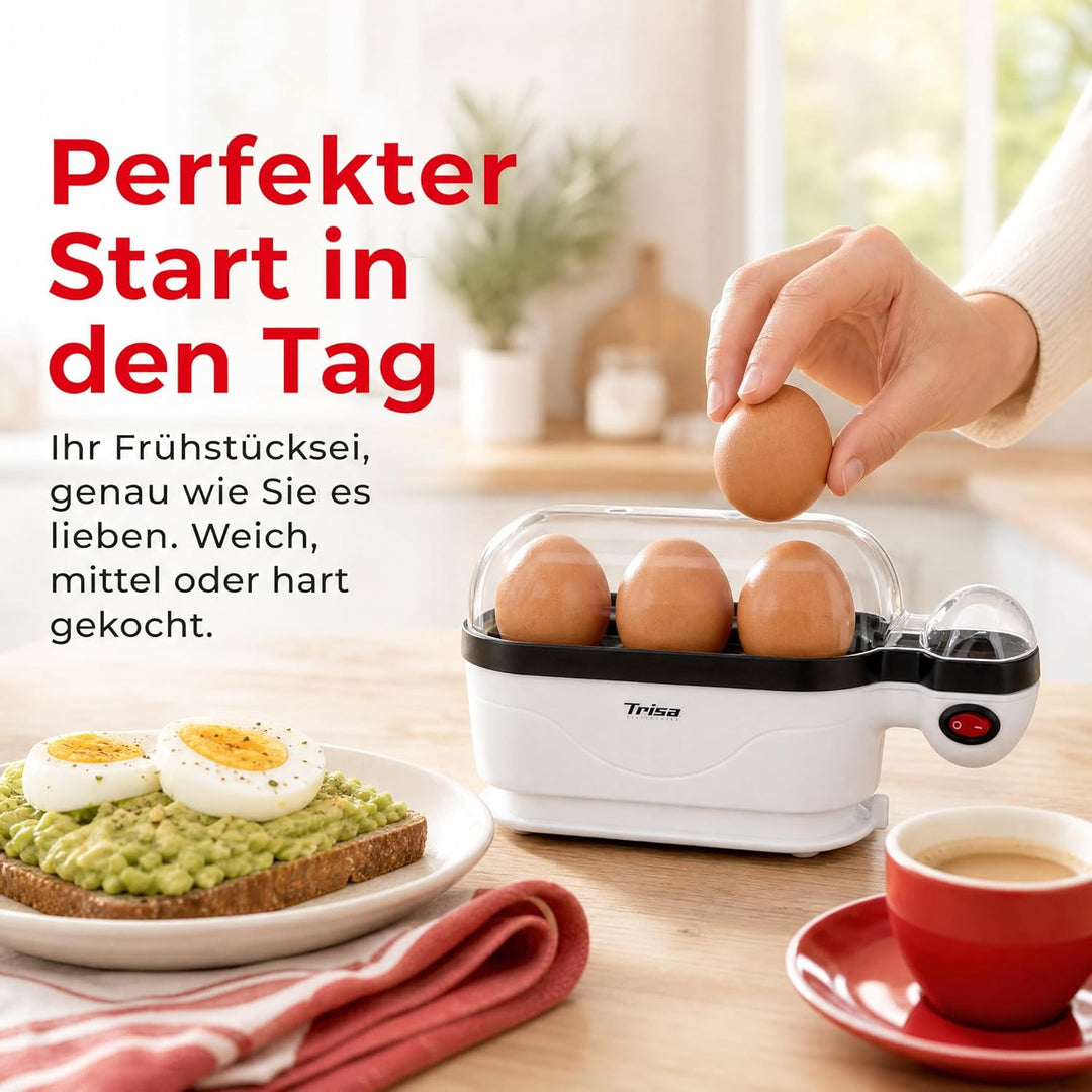 Trisa Eierkocher 3 Eier, Egg Boiler für Weich-, Mittel- & Hartgekochte Eier, Platzsparendes Design,