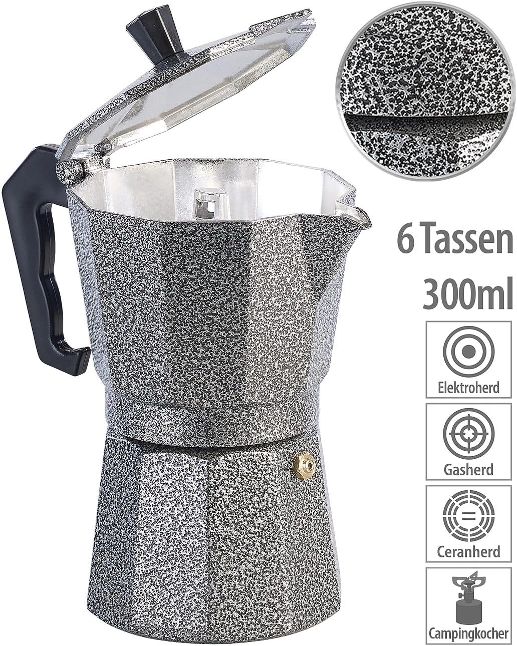 Espressokocher Gas: 2er Set Espresso-Kocher in Hammerschlag-Optik, für 6 Tassen, 300 ml (Mokkakannen