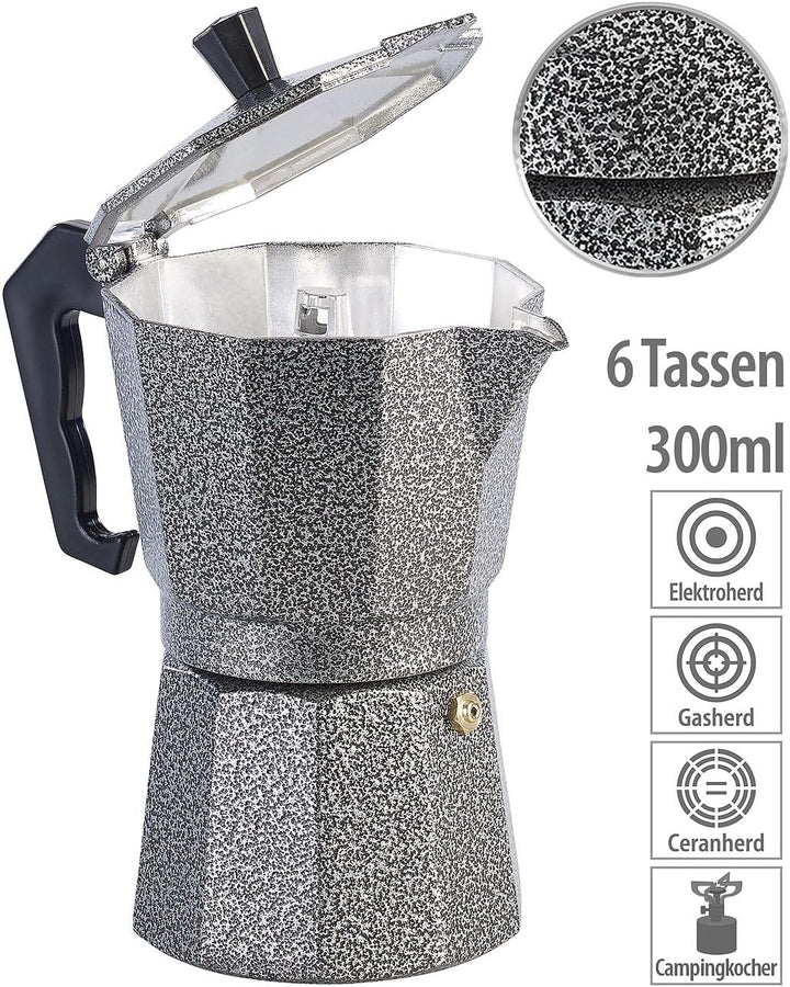 Espressokocher Gas: 2er Set Espresso-Kocher in Hammerschlag-Optik, für 6 Tassen, 300 ml (Mokkakannen