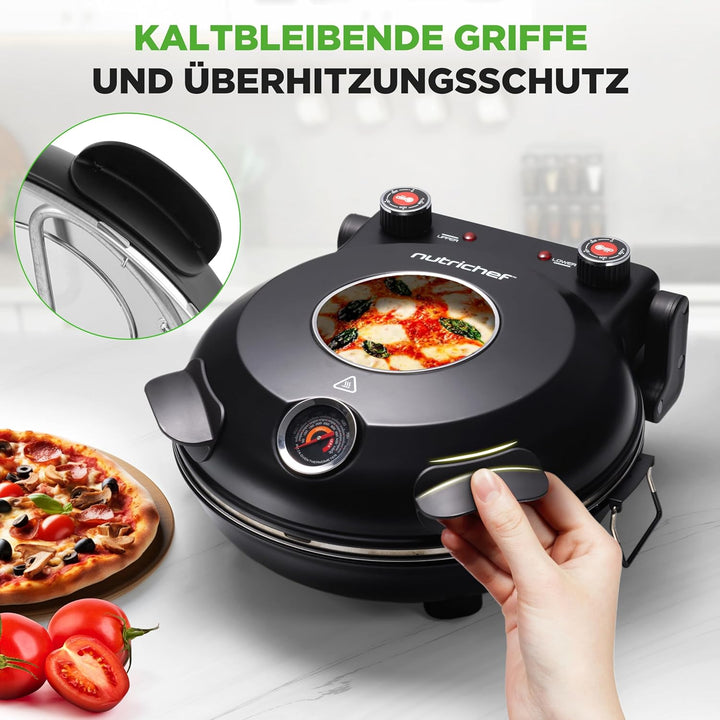 NutriChef Pizzaofen Elektrisch mit 30cm Stein, Pizza Maker bis 426°C, 1200W mit Sichtfenster, Ober-/