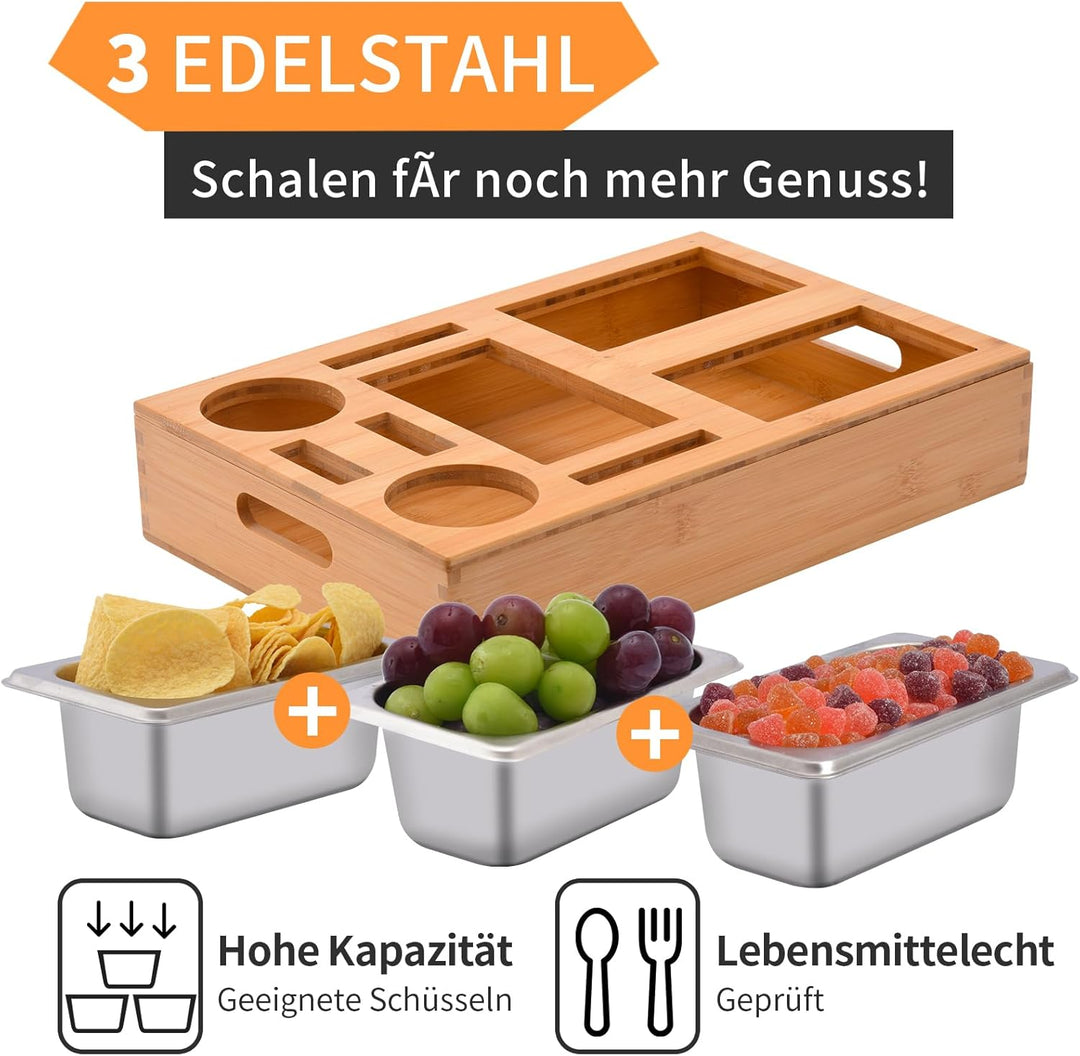Couchbar Snackbox, Snackspender mit 3X Snackschale, Bambus Sofatablett für Sofa, Deko, Couch Bar mit