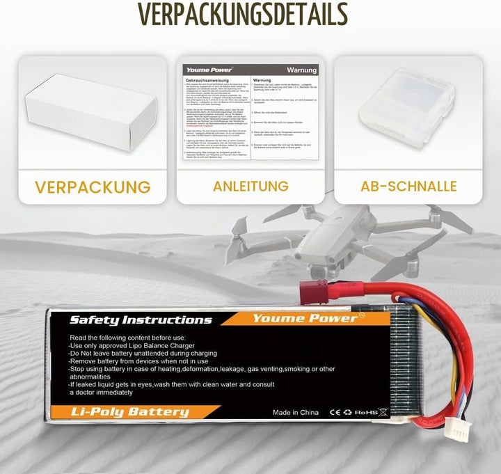 Lipo 4S Batterie, 14,8V 3300mAh Lipo Batterie Pack 50C mit T Stecker für RC Hubschrauber Flugzeug Bo