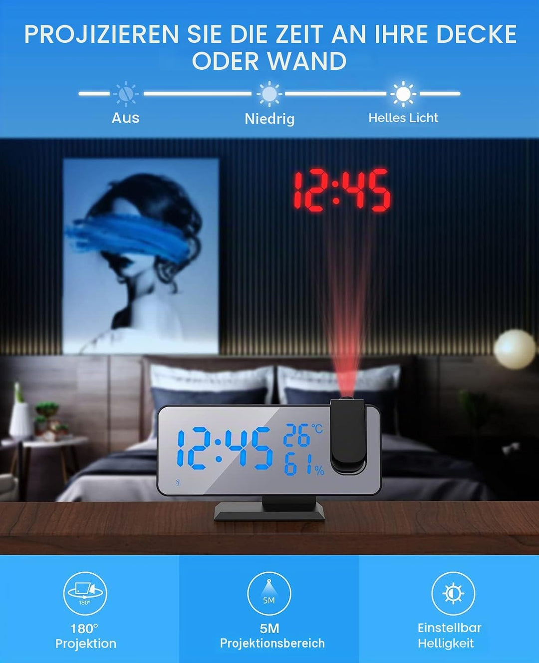 ShinePick Projektionswecker, Digital Wecker mit Projektion, Radiowecker mit USB-Anschluss Snooze Dua