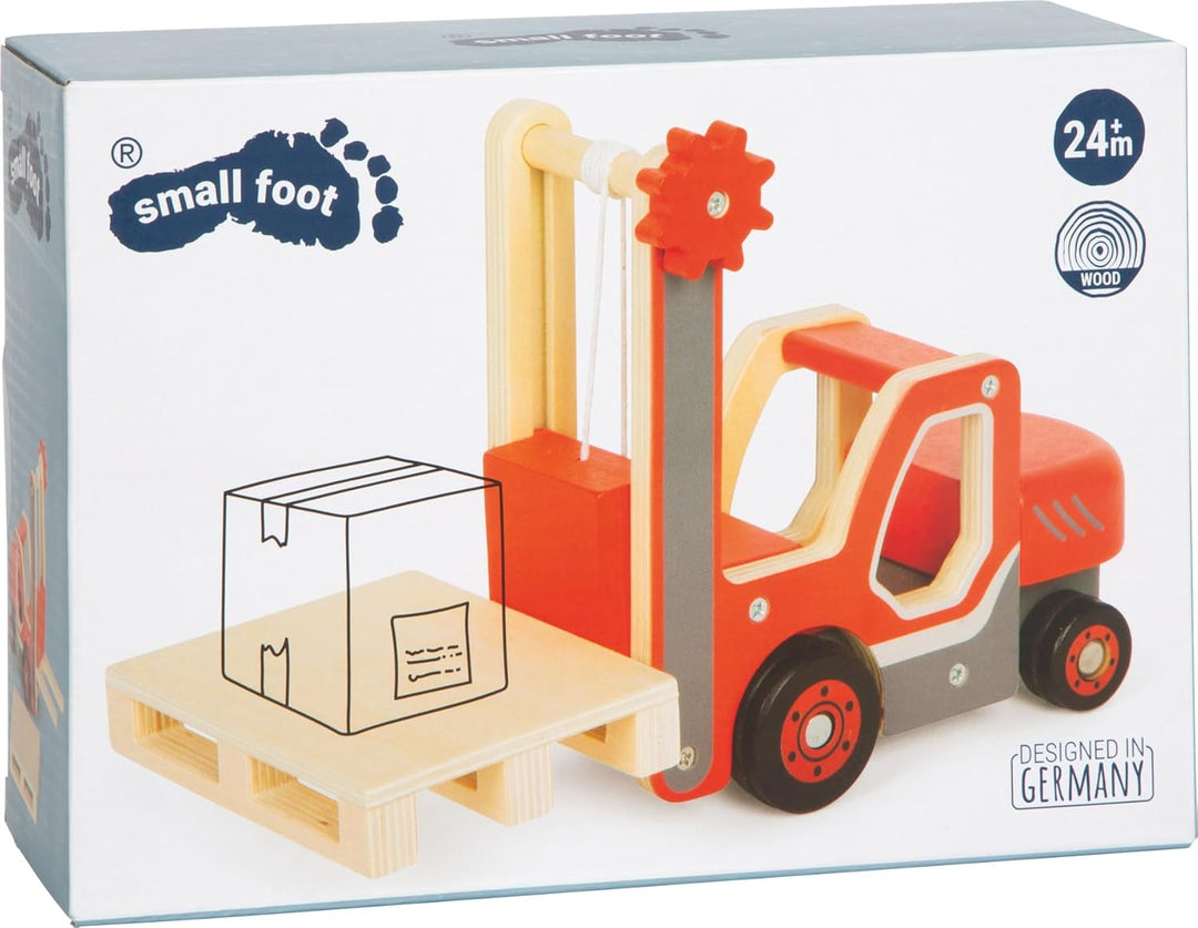 small Foot Gabelstapler mit Palette aus Holz, mit beweglicher Gabel und Seilwinde, Spielfahrzeug für