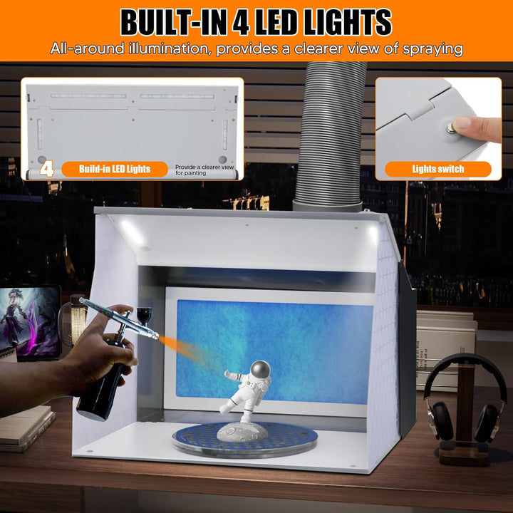 Airbrush Kabine Absauganlage 5.2m³/min, Klappbare Lackierkabine mit LED, Entlüftungsschlauch, Doppel