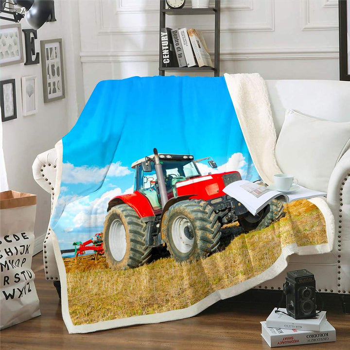 Loussiesd Jungen Traktor gedruckt Kuscheldecke Bauwagen Muster Wohndecke für Bett Rot Schwere Maschi