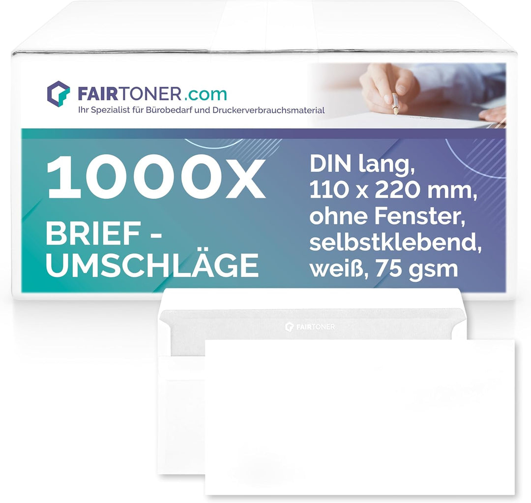 Briefumschläge DIN lang ohne Fenster 75gsm (1.000 Stück) selbstklebend, 22 x 11 cm weiss