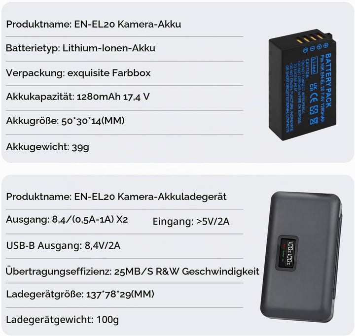 2 Stück EN-EL20 Akkus und Smart LCD Display Dual USB Ladegerät für Nikon Coolpix P1000, P950, P1100,