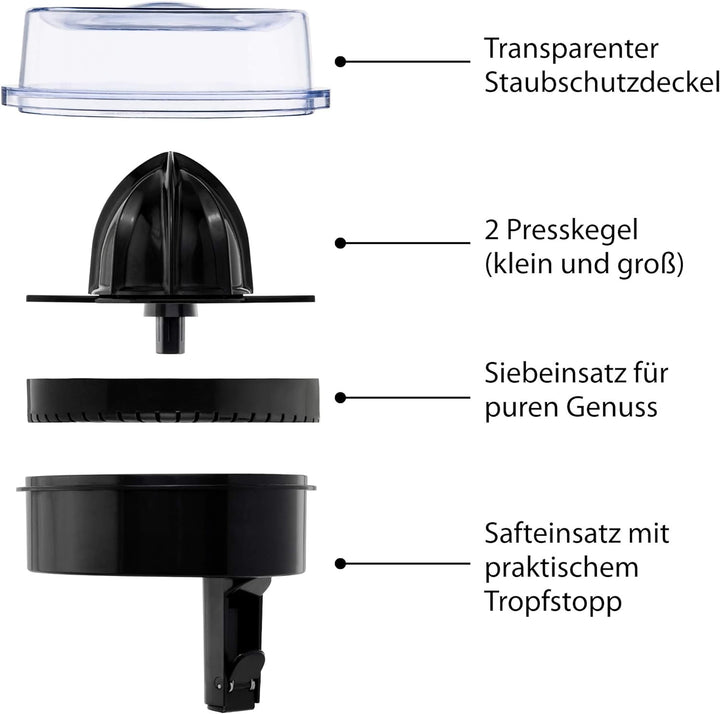 ADE Elektrische Saftpresse aus Edelstahl mit 1 l Glaskaraffe | 60 Watt | Zitruspresse mit 2