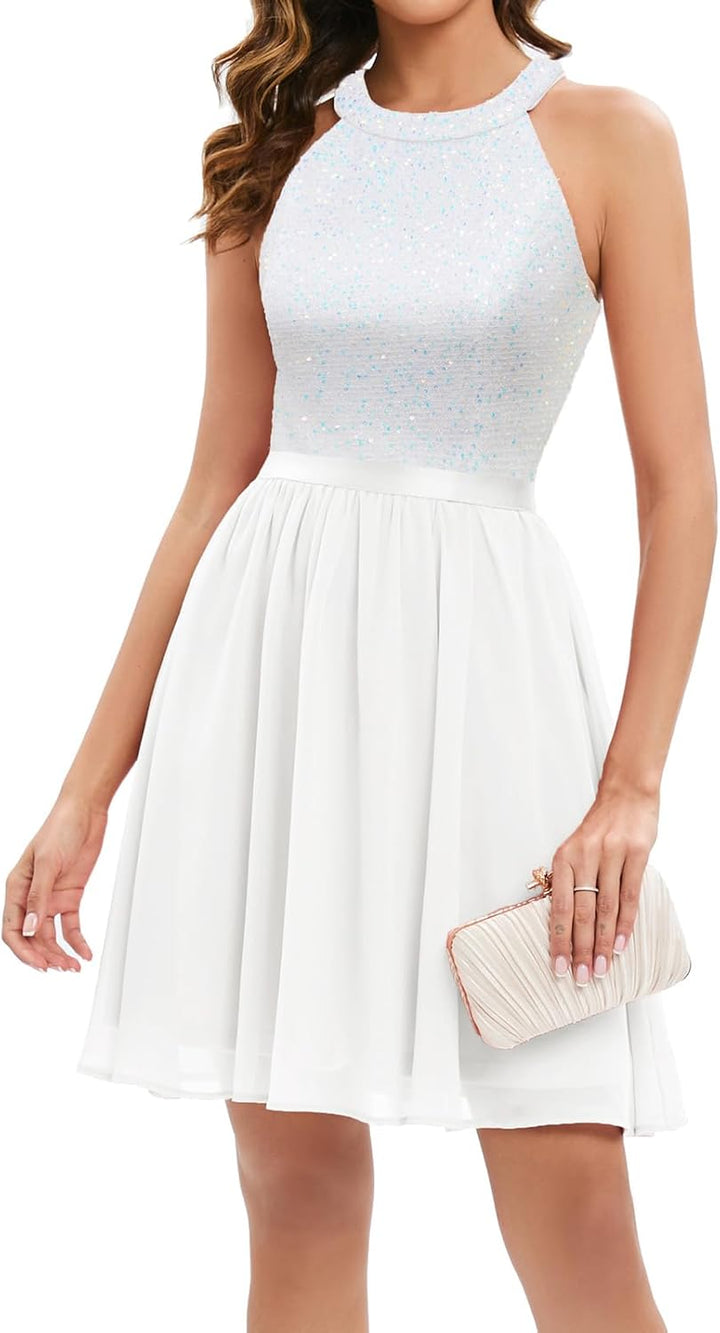 Bbonlinedress Paillettenkleid Damen elegant Neckholder festliches Glitzer Kleid jugendweihes Cocktai