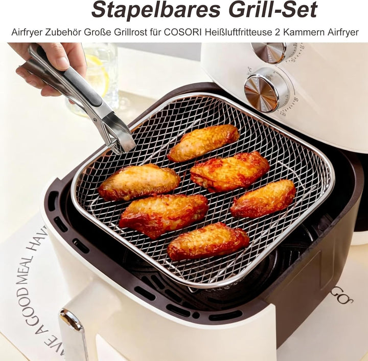 Airfryer Zubehör, 3 Stück Korb für Heissluftfritteuse, Air Fryer Rack mit 8 Silikonfüssen 1 Pinzette