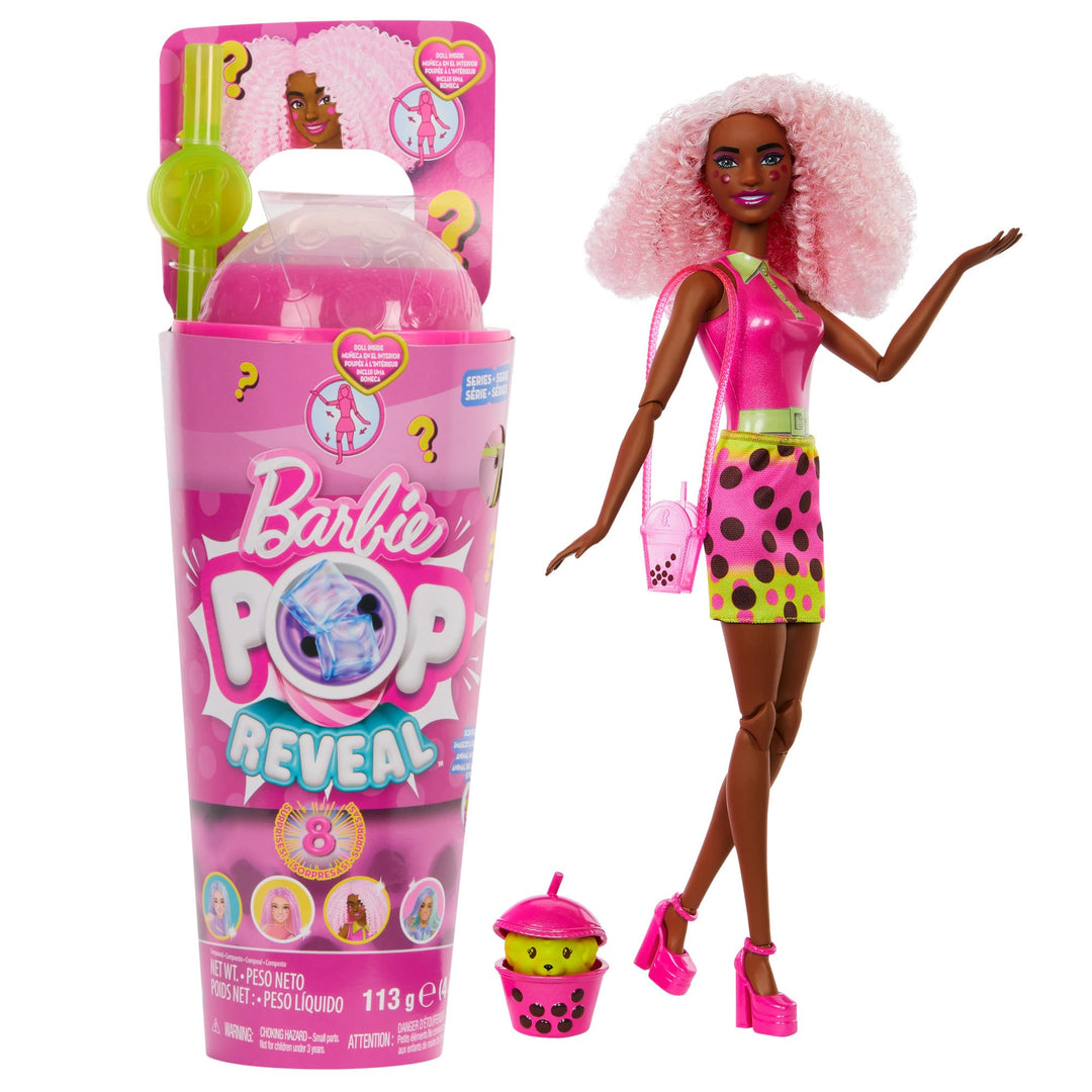 Barbie Pop Reveal Bubble Tea Serie Puppe und Zubehör, duftende Berry-Bliss-Modepuppe mit Haustier, 8