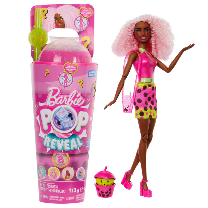 Barbie Pop Reveal Bubble Tea Serie Puppe und Zubehör, duftende Berry-Bliss-Modepuppe mit Haustier, 8
