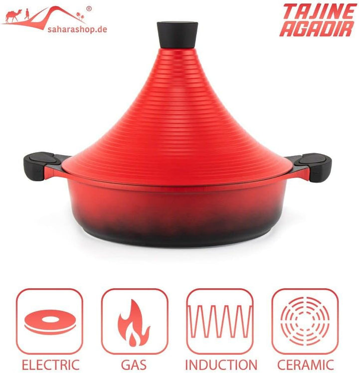 Marokkanische Tajine Agadir Ø 28 cm Aluminium Induktion Rot, Tajin, Tagen, Gartopf, Kochtopf, in dre