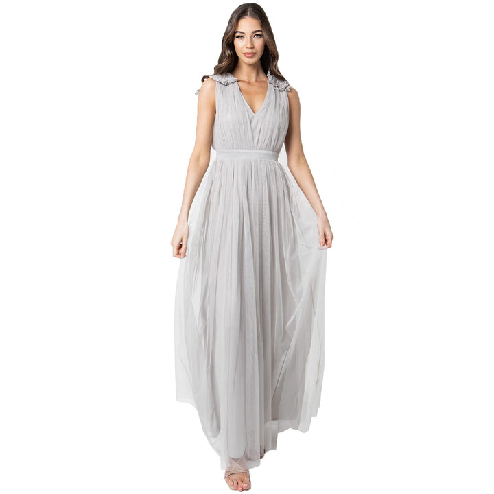 Maya Deluxe Damen Womens Ladies Maxi Dress with Ruffle V Neck Sleeveless High Empire Waist Long for