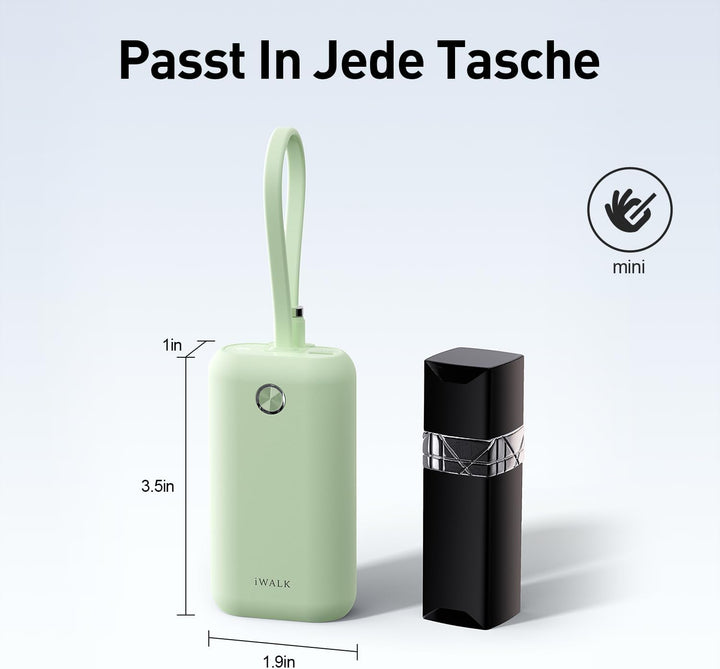 iWALK Mini Tragbares Ladegerät 10000 mAh, 22,5W USB-C Powerbank mit integriertem Kabel, Ultra-kompak