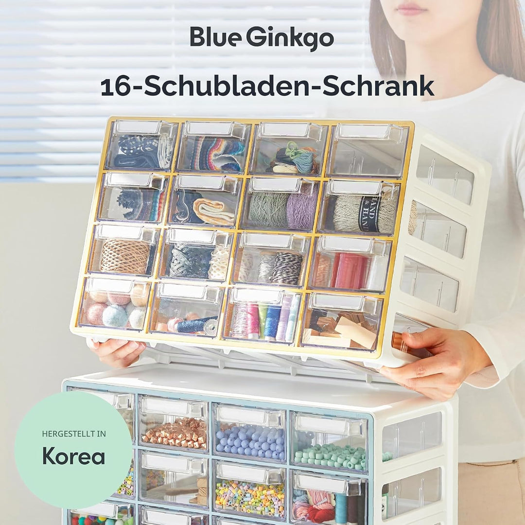 BLUE GINKGO Mittelgrosser Aufbewahrungsschrank mit 16 Schubladen – stapelbare Perlen- und Bastelaufb
