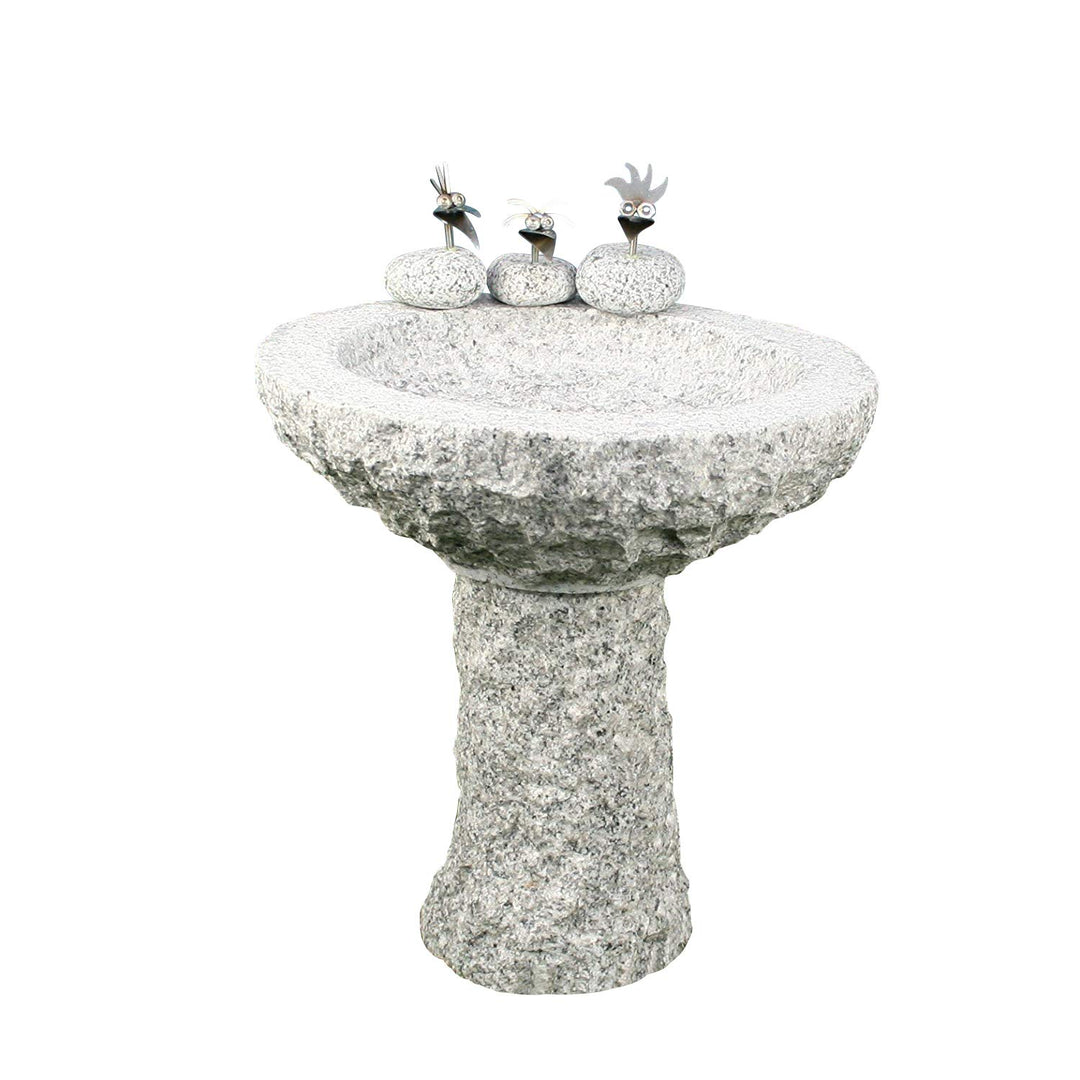 Gebrüder Lomprich Vogelbad aus Granit mit Fuss (3 Steinvögel am Rand