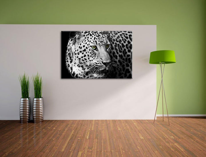 Dark Leopard mit grünen Augen schwarz/weiss Format: 100x70 auf Leinwand, XXL riesige Bilder fertig g