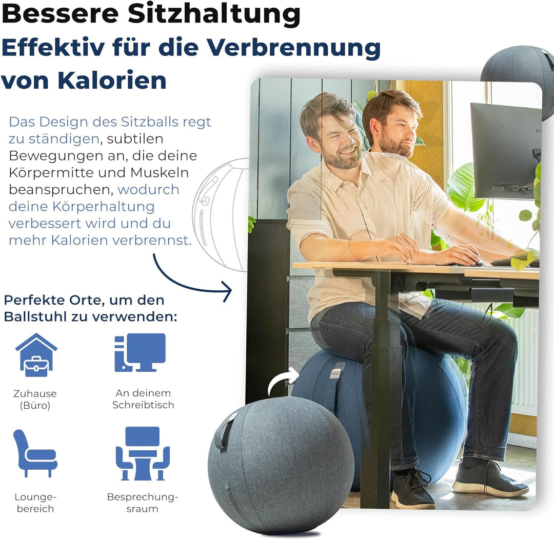 Sitzball Büro Ergonomisch 65 cm, Ergonomische Sitzmöbel für Büro und Heimbüro, Langlebiger Stoff, Gy
