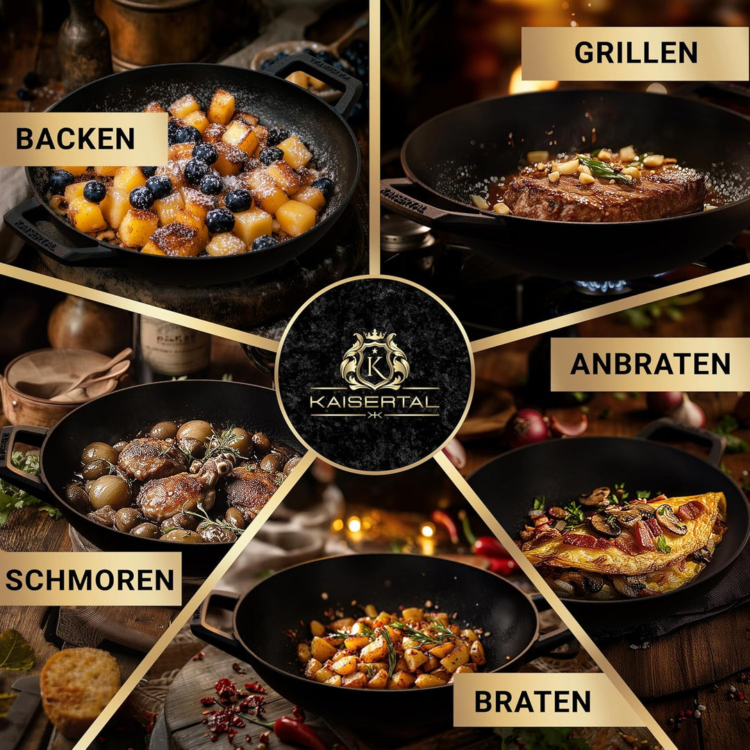 KAISERTAL® Gusseisen Wokpfanne Induktion | 32cm Ø Wokpfanne ohne Deckel | Wok mit Flachboden | Vorei