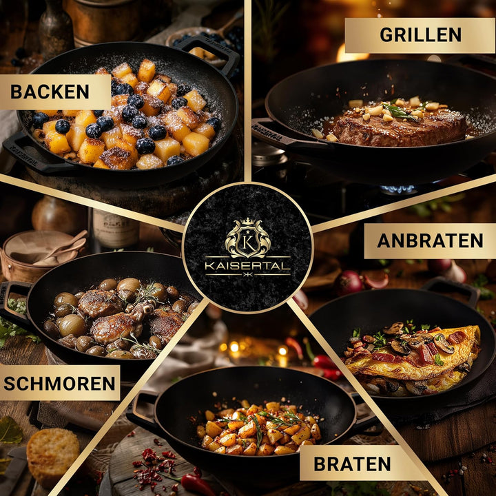 KAISERTAL® Gusseisen Wokpfanne Induktion | 32cm Ø Wokpfanne ohne Deckel | Wok mit Flachboden | Vorei
