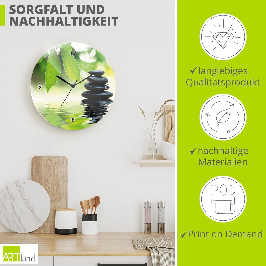 ARTLAND Wanduhr ohne Tickgeräusche Glas Quarzuhr Ø 30 cm Rund Lautlos Zen Asiatisch Spa Steine See B