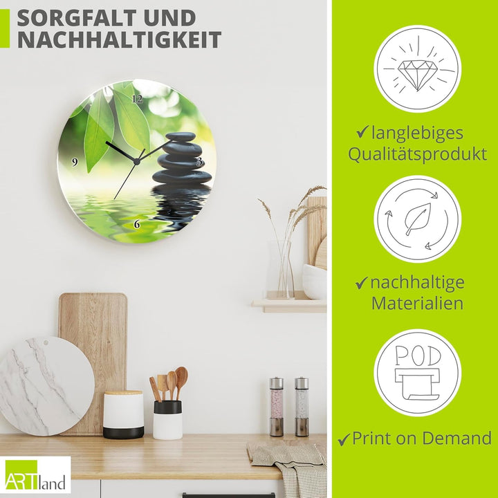 ARTLAND Wanduhr ohne Tickgeräusche Glas Quarzuhr Ø 30 cm Rund Lautlos Zen Asiatisch Spa Steine See B
