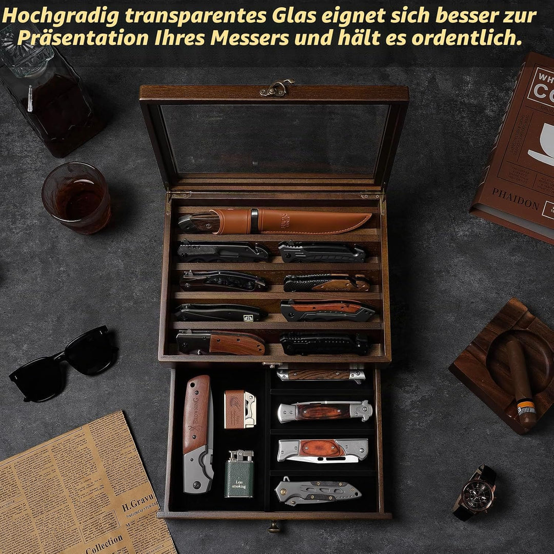 Messer-Vitrine, Messersammlungs-Präsentationsständer mit Glasdeckel, 2 Etagen Taschenmesserkoffer au