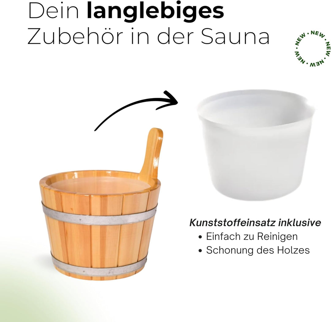 Sauna-Eimer mit Saunakelle aus 100% nordischer Fichte | Deutsches Qualitätsprodukt | 5 Liter Füllvol
