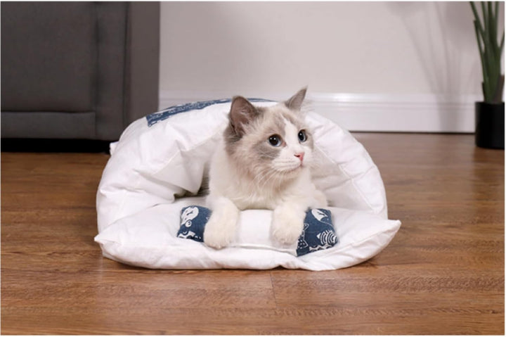 Halbgeschlossener Katzenschlafsack, selbstwärmendes Katzennestbett, Haustiermatte, Teppich mit Kisse