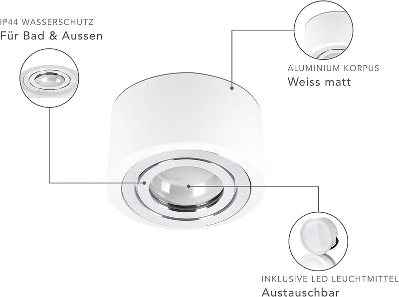 lambado® Flache LED Aufbaustrahler IP44/Deckenstrahler inkl. 230V 5W Spots dimmbar - Wasserschutz fü