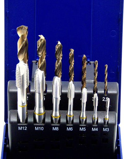 WSH-TOOLS Maschinengewindebohrer Set 14-teilig M3 - M12 HSSE-Co5 DIN 371 Durchgangsloch Gelbring ink