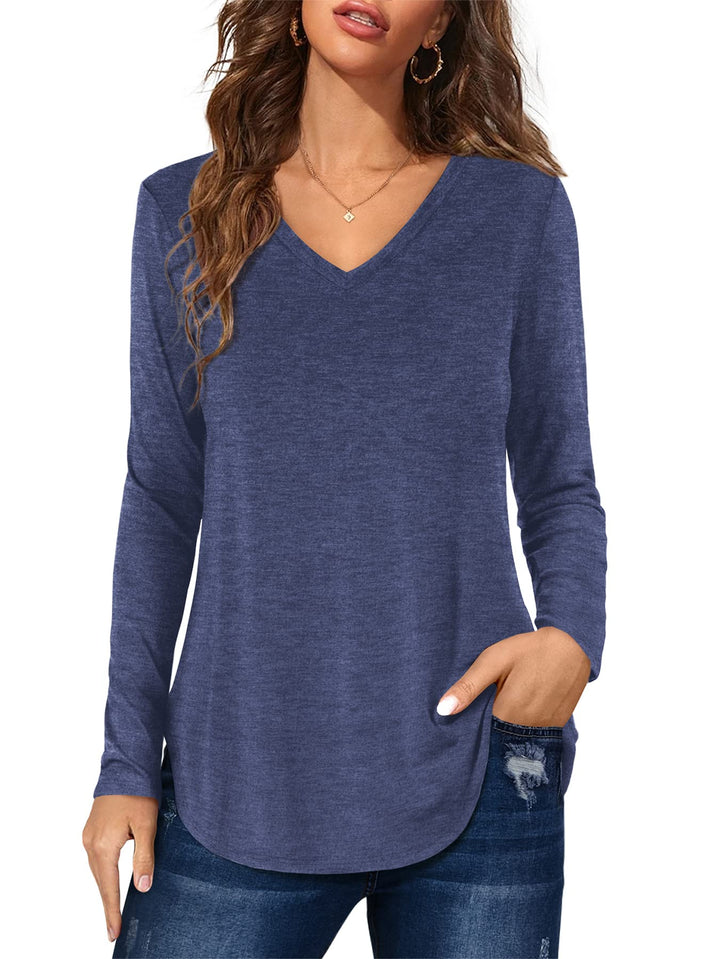Florboom Tunika Damen Langarm/Kurzarm V Ausschnitt Oberteil Shirts Basic Casual Longshirt M A-blau,
