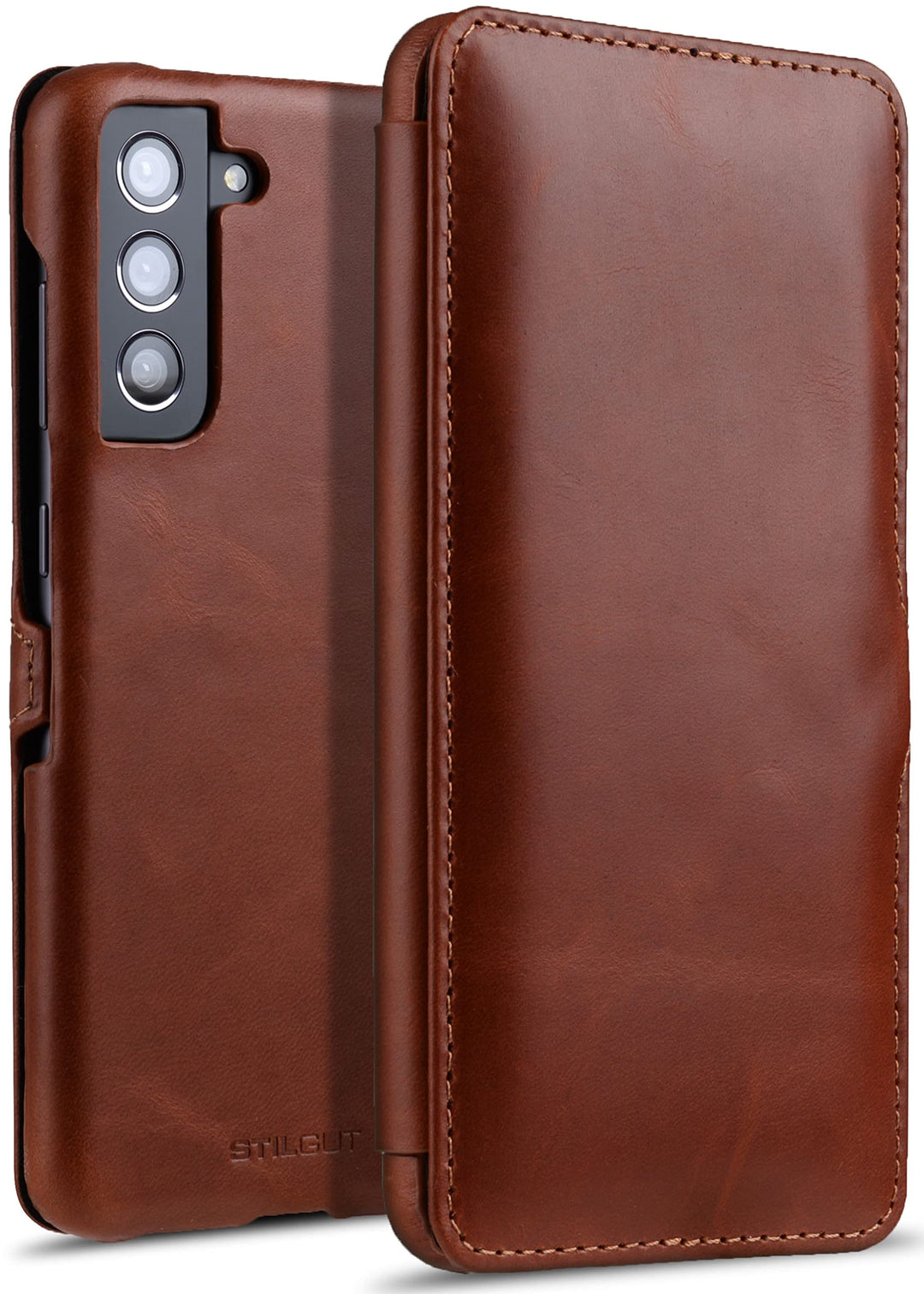 STILGUT Book Case kompatibel mit Samsung Galaxy S21 FE 5G Hülle aus Leder mit Clip-Verschluss, Leder